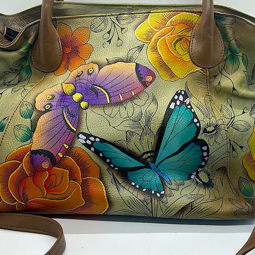 Anuschka Anna Beautiful Gray Flowers & Butterflies Shoulder Purse Bag w/ Wallet - Picture 3 of 14